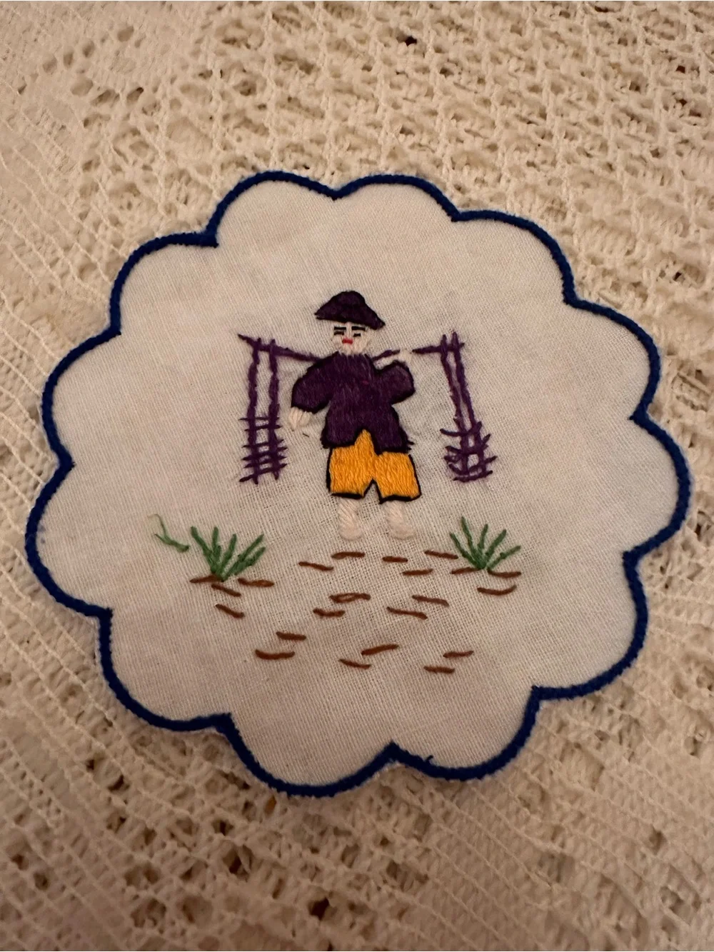 Vintage Hand-Embroidered Linen Cocktail Coasters – Asian Men - Set of 6